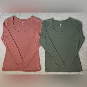 Set of 2 - Dip Long Sleeve Ribbed Scoop Neck Tops, Rust and Olive
